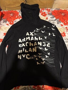 Armani Exchange Black Hoodie with White Graphic Text & Birds